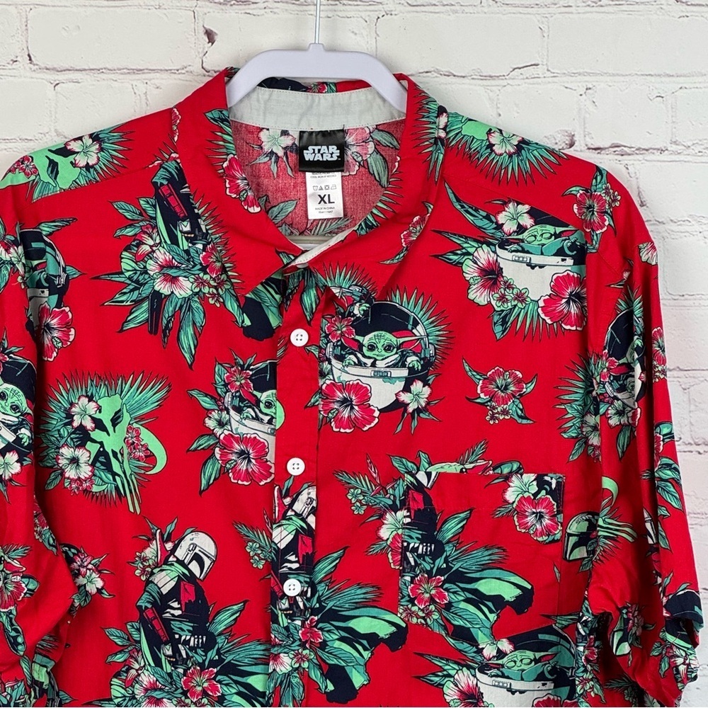 Star Wars Red Floral Baby Yoda Mandalorian Men's Hawaiian Camp Shirt XL Cotton